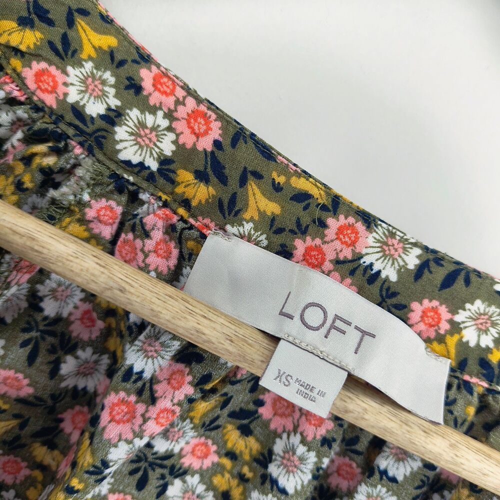 LOFT Green Floral Puff Sleeve Top 100% Cotton